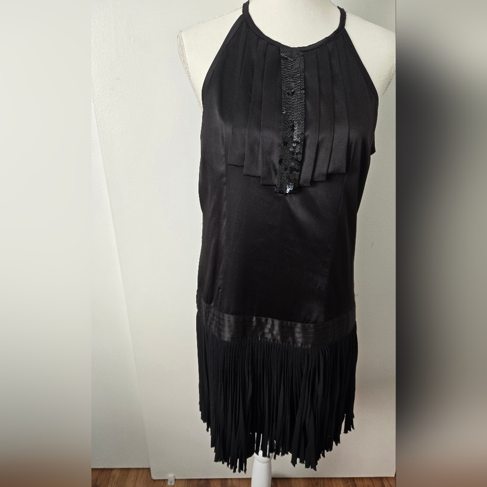 MM Couture Black Fringe and Sequin Tuxedo Cocktail Dress Size L - Picture 2 of 5